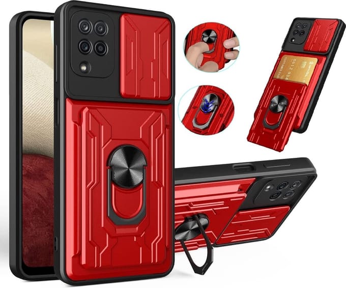 Hoesje Geschikt Voor Samsung Galaxy A12 hoesje met Ring houder - camera lens protector en pashouder – Rood