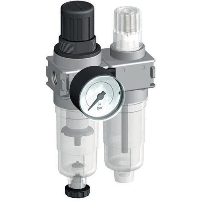 FRL 2-Delig G1/4'' 700l/min 0.5-10.0bar/7-145psi Semi-Auto 40 mm Manometer Cilinderslot Polycarbonaat Multifix 0