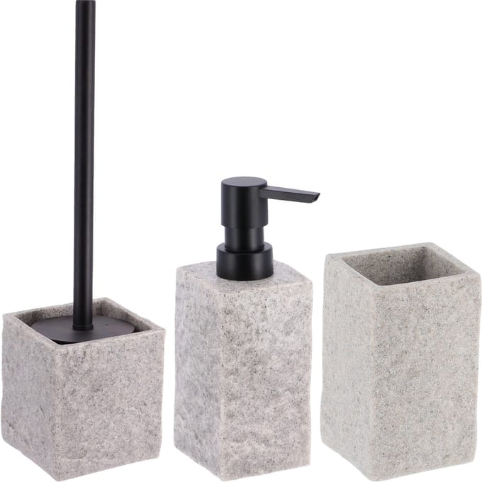 Badkamer set - zeeppomp/tandenborstelbeker - grijs - kunststeen - polyresin