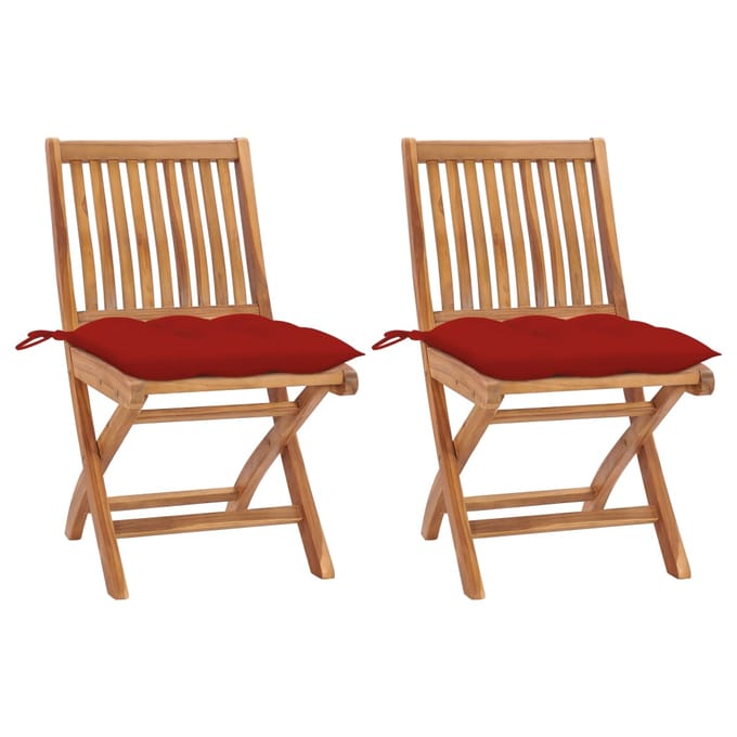 vidaXL - Inklapbare - stoelen - 2 - st - met - rode - kussens - massief - teakhout