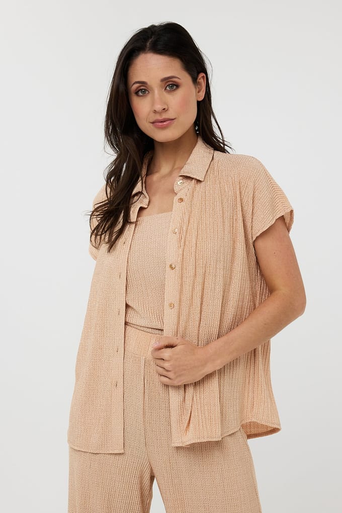 EsQualo Blouse Plisse Glitter Praline Größe: S | Blusen Outlet | Damen