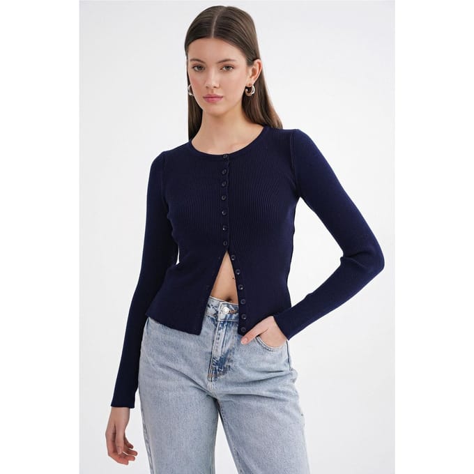 Geknoopte Slim Fit Geribbelde Brei Cardigan