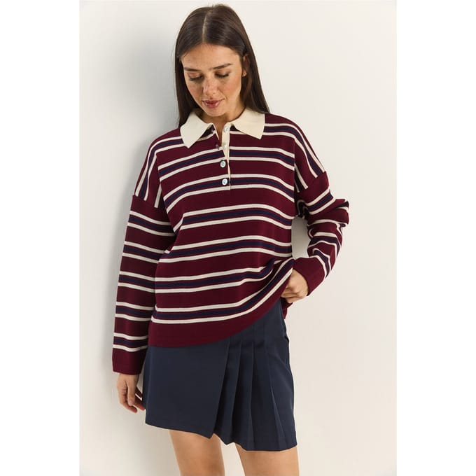 Gestreepte Polokraag Knop Sweater