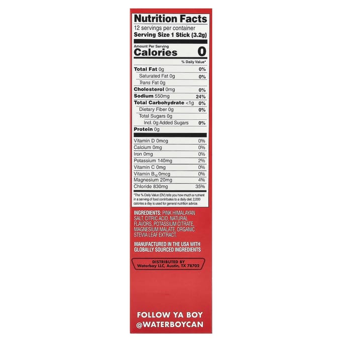 Waterboy, Hydratation Quotidienne, Mélange de Boisson Électrolytique, Concombre Agrumes, 12 Sachets Sticks, 3,2g (0,11 oz) Chaque