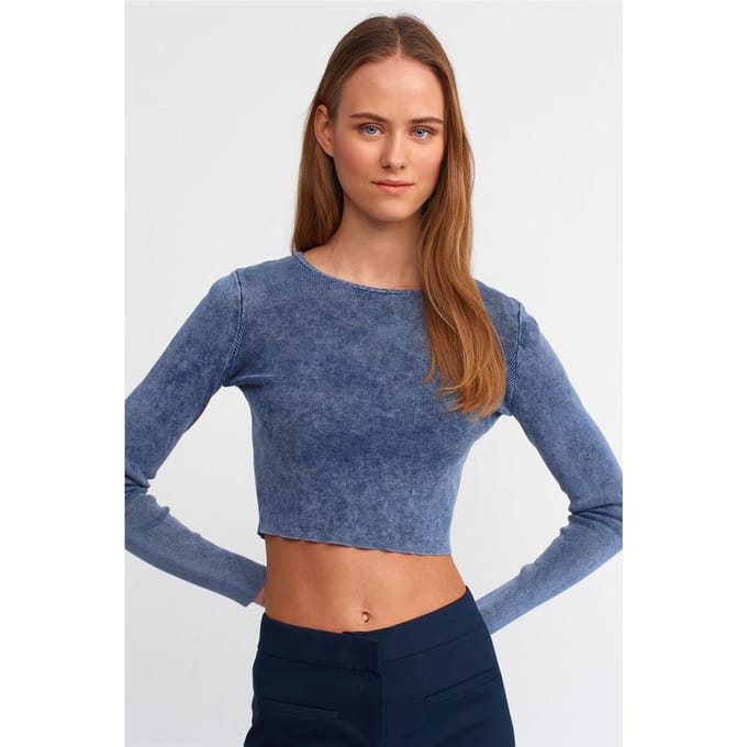 Dames Geribbelde Korte Crop Trui met Ronde Hals