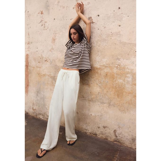 Stradivarius Broek met linnenlook en koord  Wit M