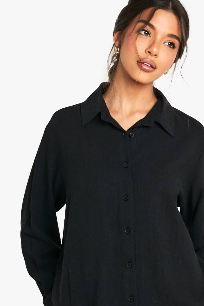 boohoo Dames Premium linnen oversized shirt | Black | Maat: 10
