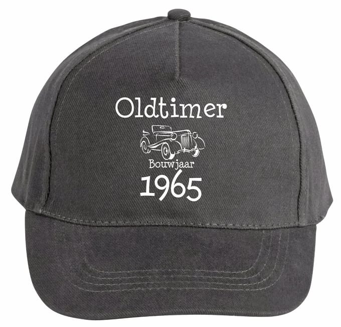 Mijncadeautje - 5 panel - Cap - Verstelbaar - Pet van 100% dik geborsteld katoen- unisex - opdruk wit - Oldtimer 1965 - chique grijs