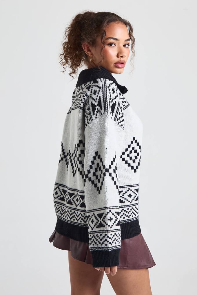 boohoo Dames Half Zip Aztec Print Oversized Trui | Ivory | Maat: Small