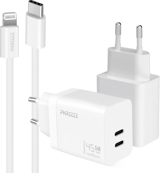 Phreeze usb C snellader geschikt voor iPhone 14 13 12 11 en iPad met Lightning kabel - Power delivery oplader 45w