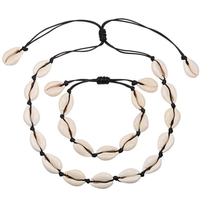 Fako Bijoux - Schelpjes Ketting & Armband - Choker - Schelpen Set - Zwart