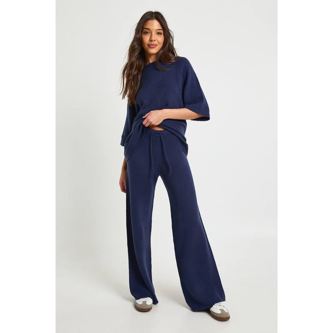 boohoo Dames Gebreide Korte Mouwen Top En Broek Set | Navy | Maat: Large