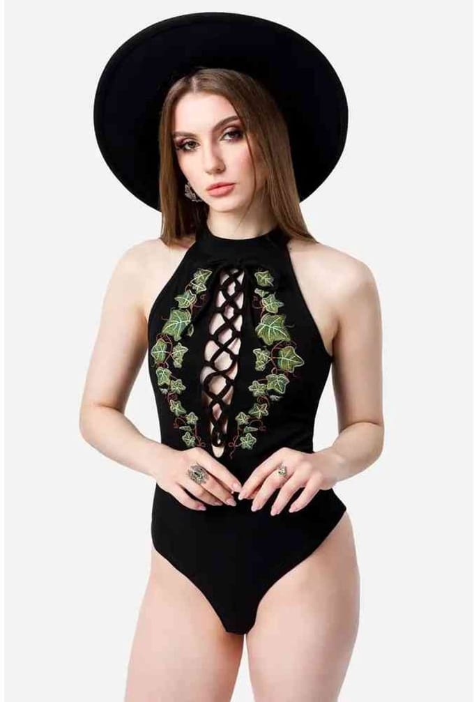 Restyle - Tangled Vines Bodysuit - XS - Zwart/Groen