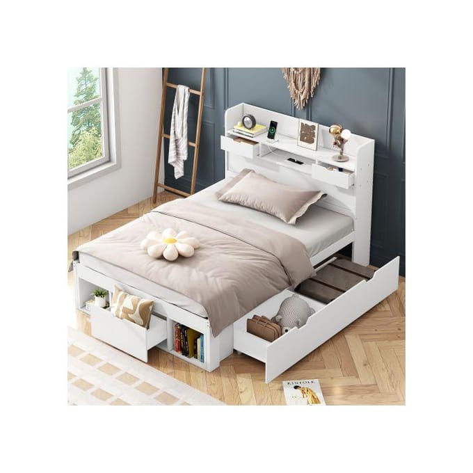Lit simple MUVOE 90x200 cm avec port USB, tiroirs et rangement blanc blanc