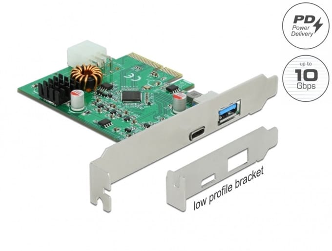 Delock PCI Express x4 Card to 1 x external USB Type-C™ female with PD function + 1 x external USB Type-A female SuperSpeed USB 10 Gbps (USB 3.2 Gen 2)