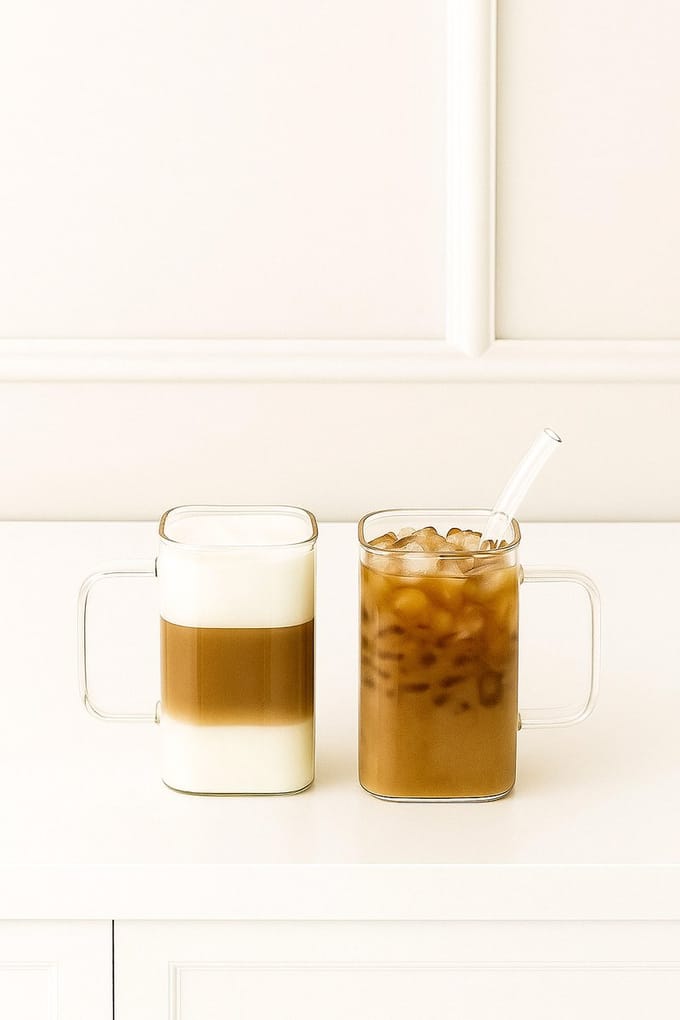 Mevaz Glazen – Set van 2 – Modern Vierkant Design – Voor Koffie, Latte & Iced Drinks – 350ml