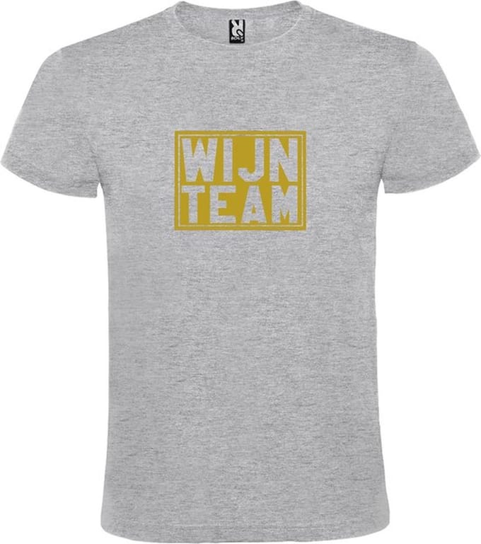 Grijs T shirt met print van " Wijn Team " print Goud size M