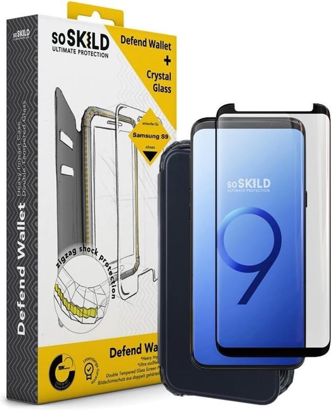 SoSkild Samsung Galaxy S9 Defend Wallet Impact Case Black and Tempered Glass Transparent