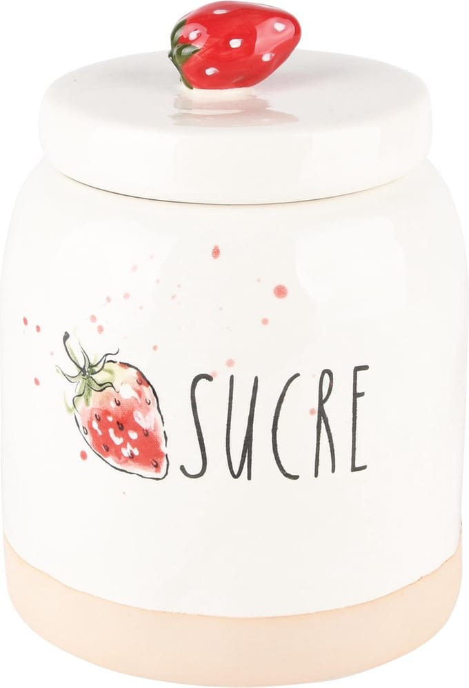 Dekoratief | Bewaarpot 'Sucre' m/aardbeien, wit/rood, keramiek, 12x12x16cm | A240795
