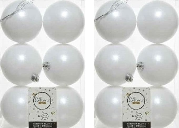 Decoris Kerstballen - 12x st - wit - D8 cm - kunststof - mat/glans - kerstversiering