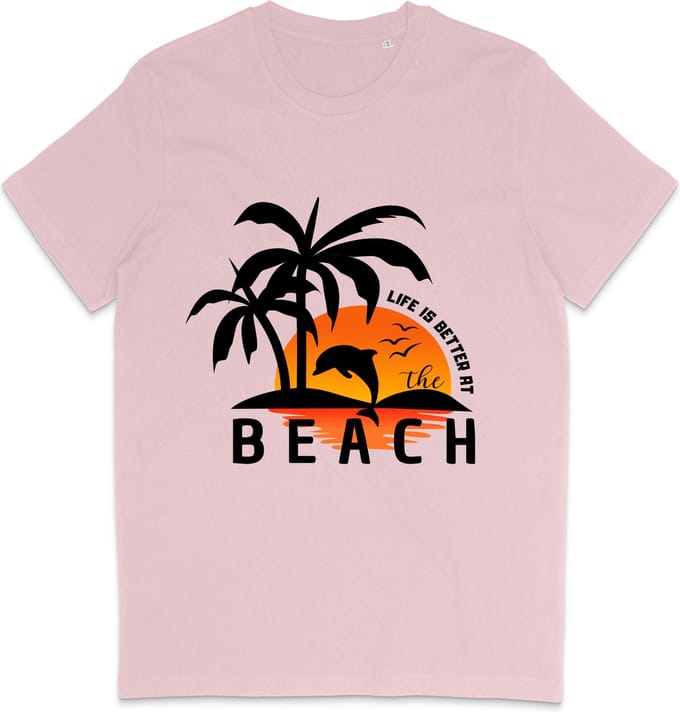 T Shirt Heren en Dames - Life is Better at the Beach - Roze - M