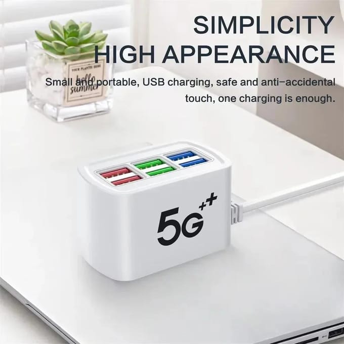 Snelle USB-oplader 6-in-1 Stekkerdoos Desktop Laadstation Snellaadkabel 1m USB HUB Adapter Stopcontact IOS Android Universeel bleke pruimkleur
