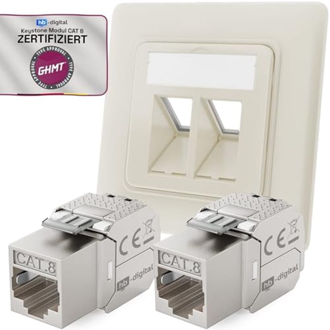2-poorts CAT 8 netwerkcontactdoos inbouw met Keystone RJ45 module - Max. 40 Gbit/s STP - Zuiver wit