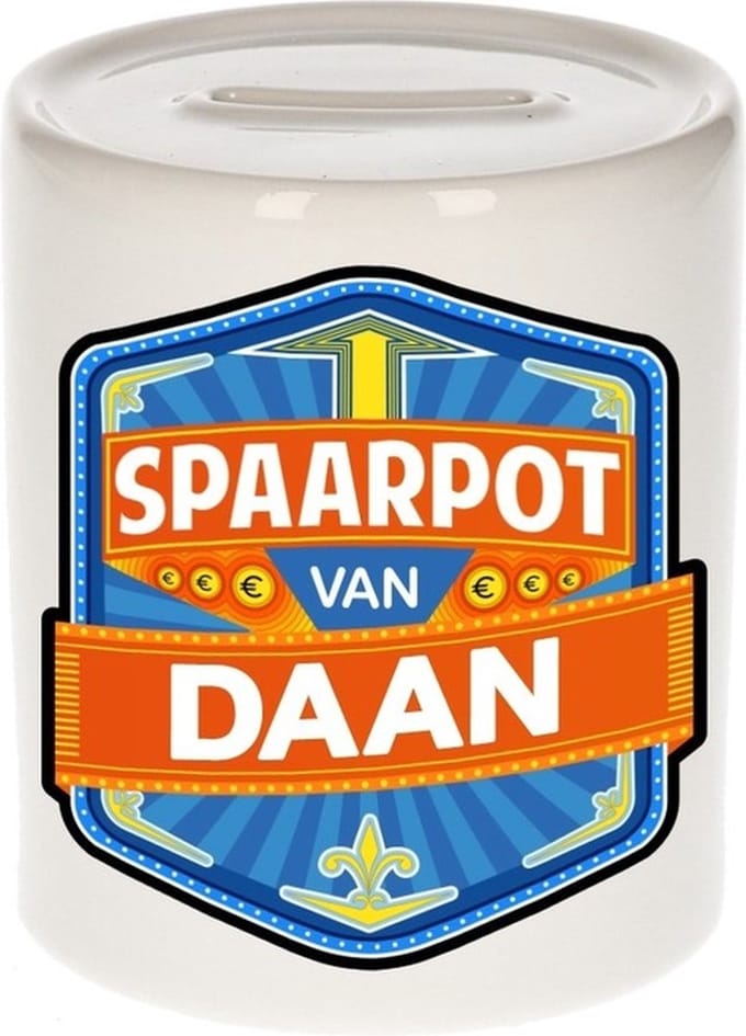 Bellatio Decorations Kinder spaarpot met naam - Daan - keramiek - met dop - wit - Sparen - Spaargeld van Daan