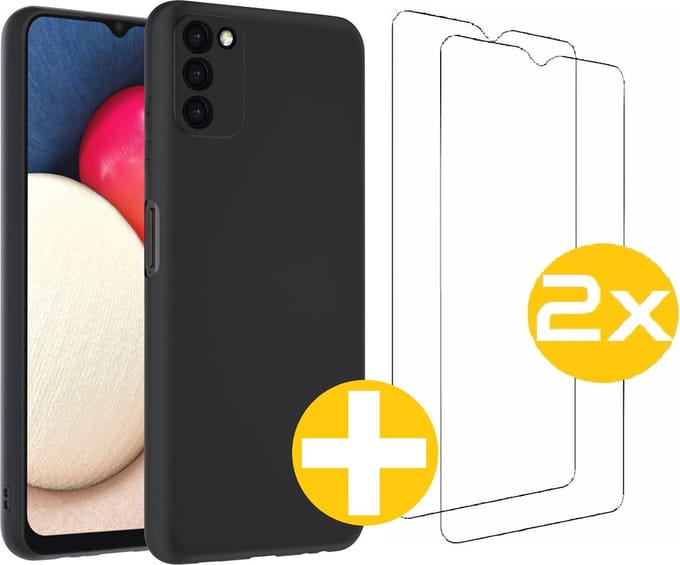 Hoesje en Screenprotector Combi Geschikt Voor Samsung Galaxy A03s - Zwarte Siliconen Hoesje + 2x Screenprotector
