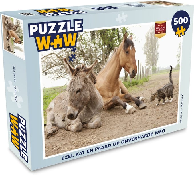 Puzzel Ezel kat en paard op onverharde weg - Legpuzzel - Puzzel 500 stukjes