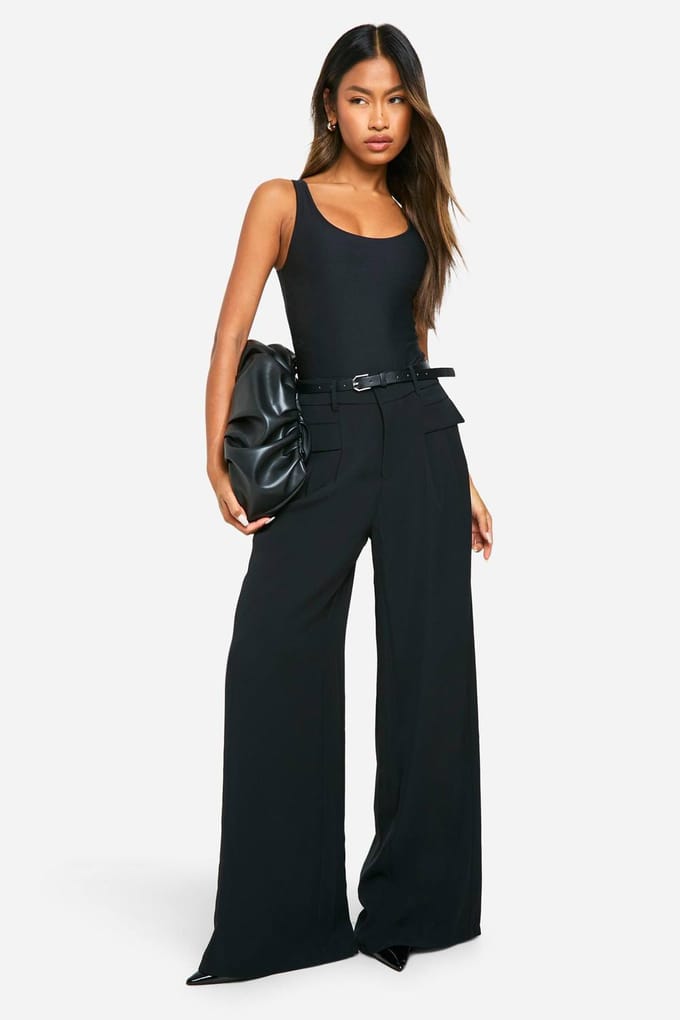 boohoo Dames Fluid Belted Wide Leg Trousers | Zwart | Maat: 36