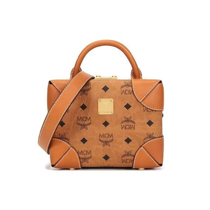MCM Soft Berlin Visetos Gecoat Monogram Print Leer Doos Tas Dames Handtassen Bruin Cognac MWRAABF03CO001 Basic Set (Bag+Dust Bag) brown
