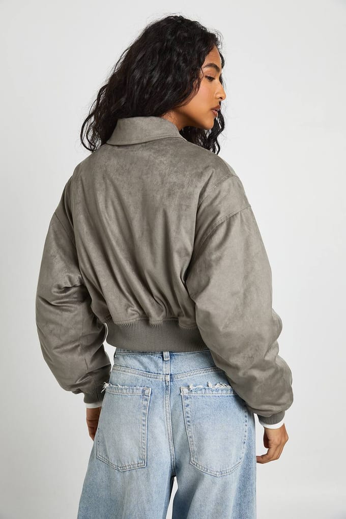 boohoo Dames Suede Bomberjack | Grey | Maat: 10