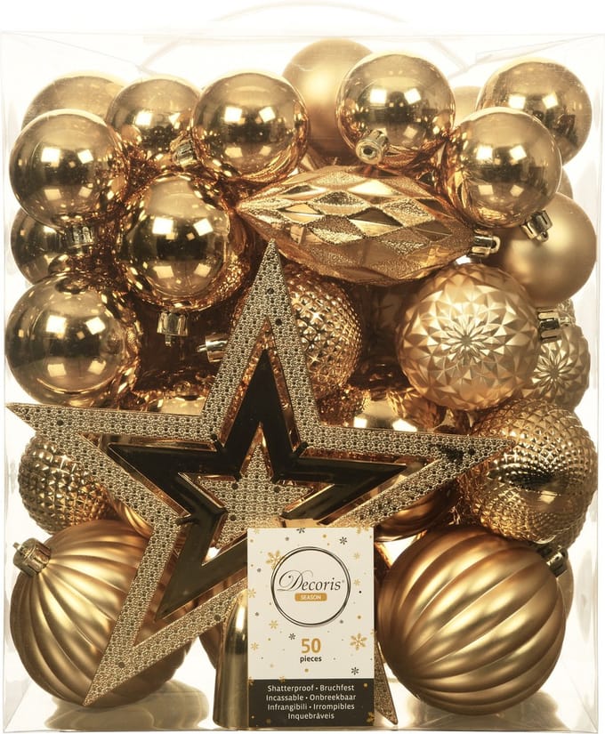 Kerstballen set - 55x stuks incl. ster piek - goud - kunststof