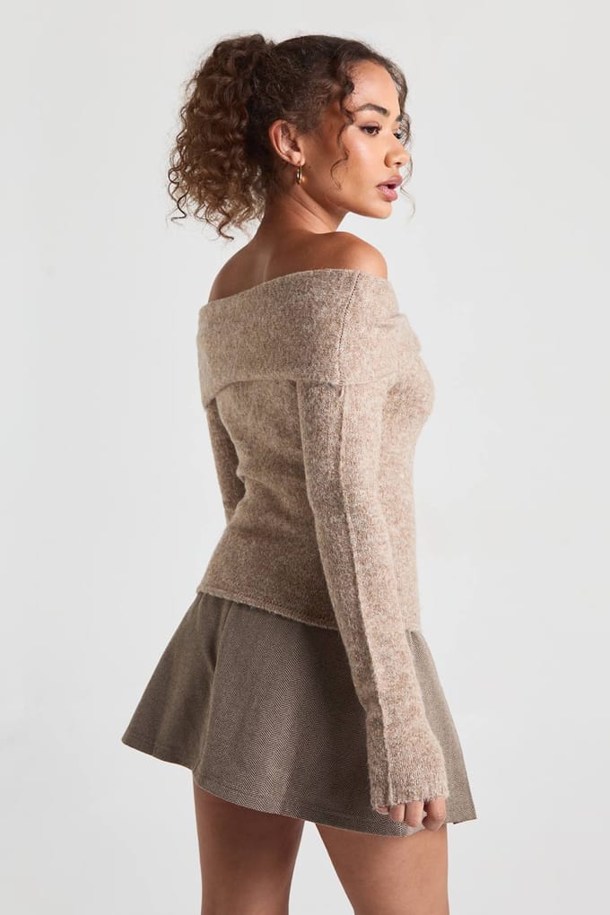 boohoo Dames Twist Front Bardot Trui | Taupe | Maat: Medium