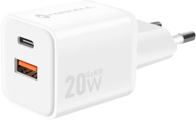 Forcell, GaN III Oplader 20W - USB-C + USB-A Poort - Mini Formaat, Wit