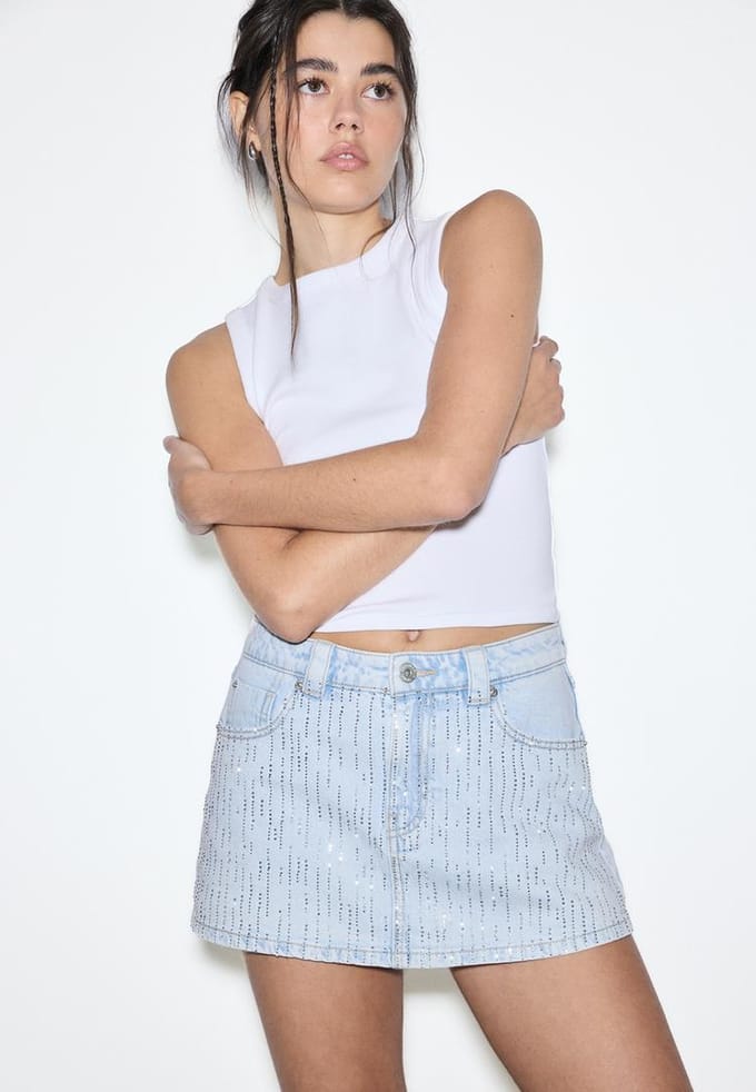 Stradivarius Denim broekrok met glitters  MIDDENBLAUWE DENIM WASSING 32