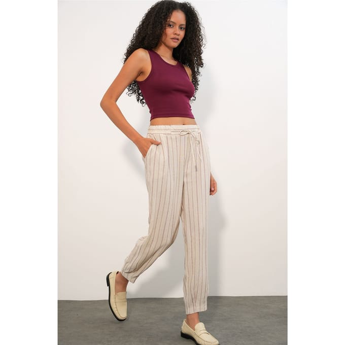 Gestreepte Linnenmix Joggingbroek