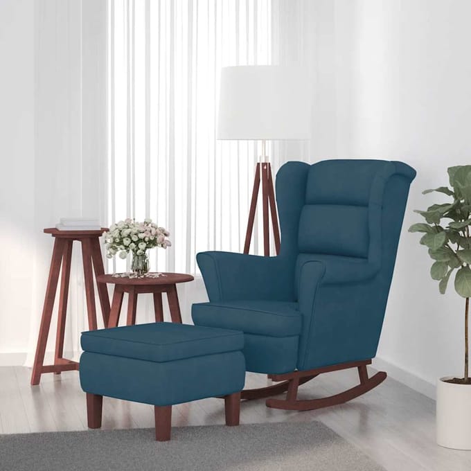 vidaXL - Schommelstoel - met - oorleuning - fluweel - massief - hout - blauw