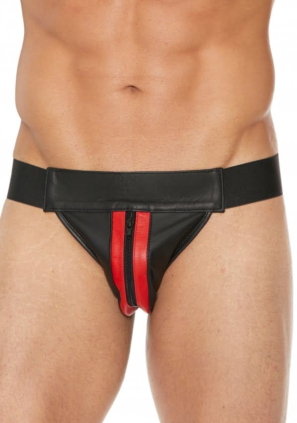 Gestreepte voorkant Lederen Jock Strap met rits - Rood