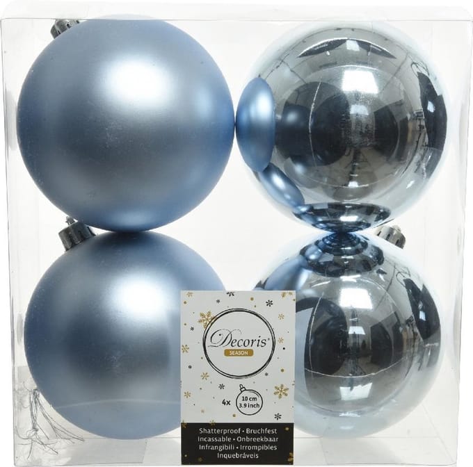 Decoris Kerstballen - 4x st - lichtblauw - D10 cm - kunststof - kerstversiering