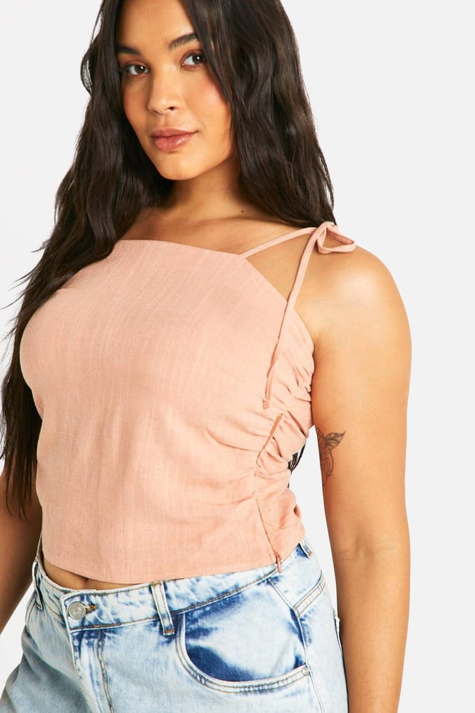 boohoo Dames Plus Linen Look Geraffelde Tie-Schouder Top | Roest | Maat: 52