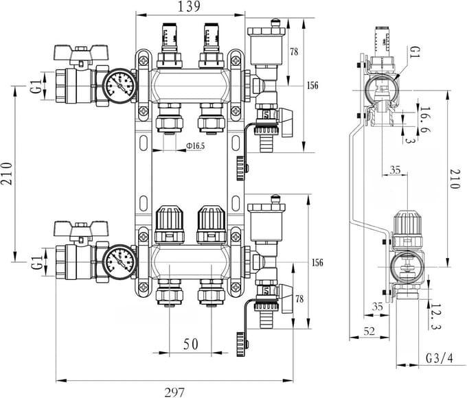 Verdeler voor 12 Vloerverwarmingscircuits Edelstaal met Eurocone 16mm en Flowmeters