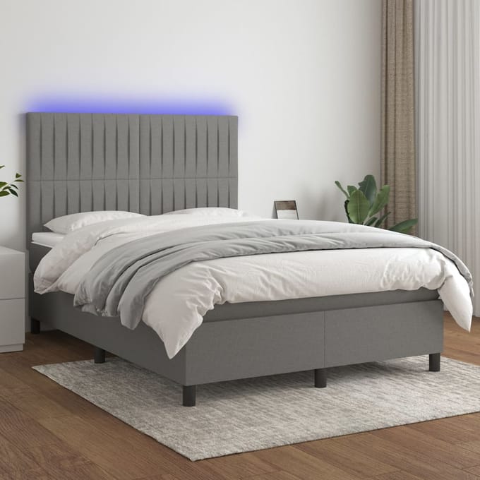 vidaXL - Boxspring - met - matras - en - LED - stof - donkergrijs - 140x190 - cm