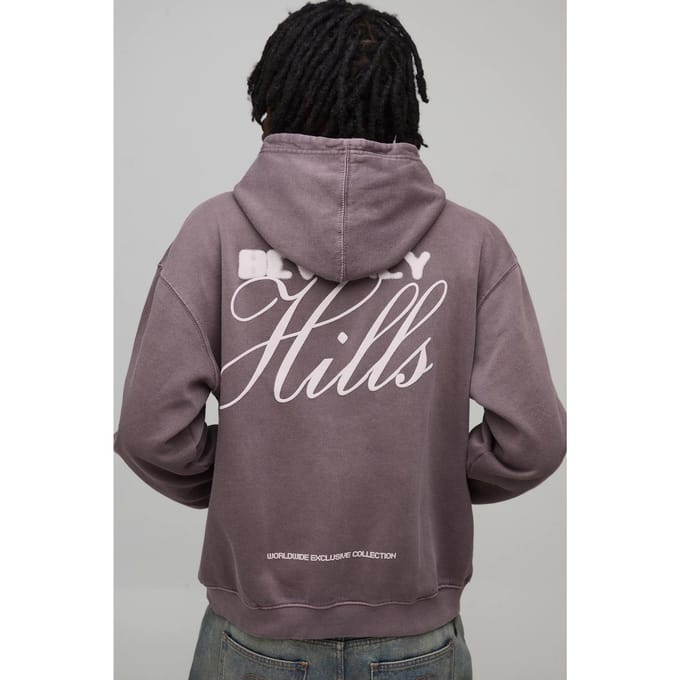 Gewassen Chocolade Oversized Beverly Hills Puff Print Hoodie | Washed Chocolate | Size Medium