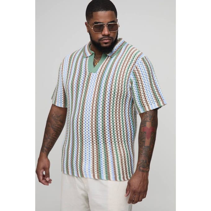 Plus Stripe Crochet Regular Fit Polo Shirt | Khaki | Size 2XL