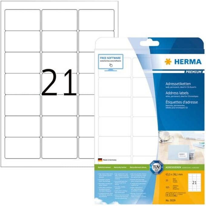 Etiket HERMA 5029 63.5x38.1mm premium wit 525 stuks