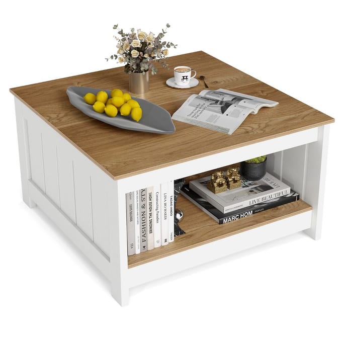 Coast Salontafel Hout - 2-laags - Opbergruimte - Naturel en Wit - 80 x 80 x 45 cm
