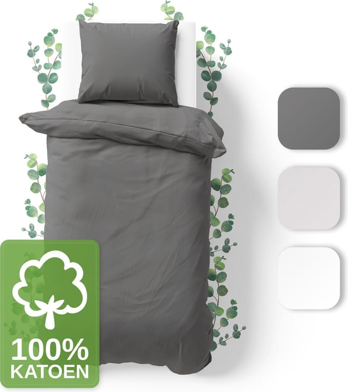 JACOBSON Dekbedovertrek - 135x200 cm + 1 Kussensloop 80x80 cm - 100% katoen - met Rits - Antraciet