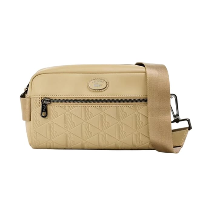 Lacoste Leren schoudertas met geometrisch patroon (Beige)
